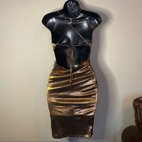 𝅺Sexy Bronze V Neck Sleeveless Body Con Scrunched Side Mini Dress metallic - Picture 9 of 10